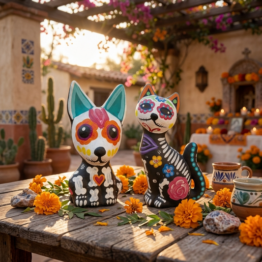 Day of the Dead decorations with handmade Mexican pottery and alebrijes