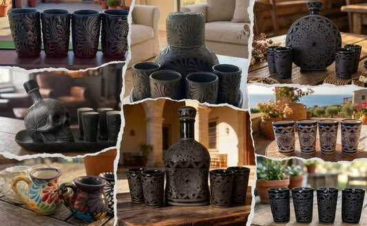 Hand-painted Talavera shot glasses and tequila decanter sets, handmade Mexican pottery from Casa Legaspi