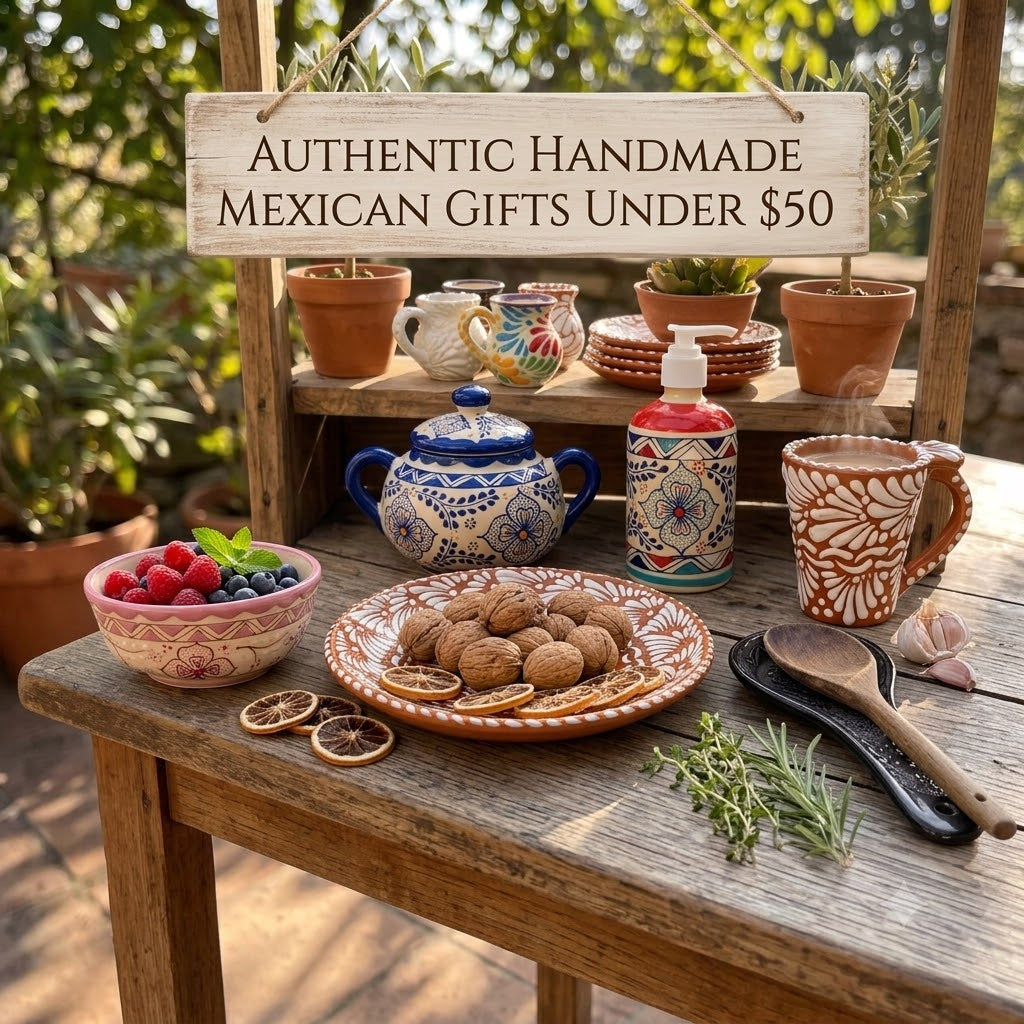 Handmade Mexican gifts under $50 - Talavera mugs and folk art from Casa Legaspi