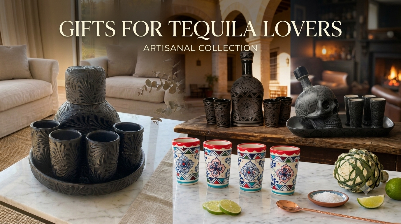 Tequila gifts handmade in Mexico - stoneware decanter sets and shot glasses from Casa Legaspi