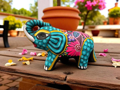 Handmade elephant alebrije with colorful patterns, Mexican clay folk art sculpture