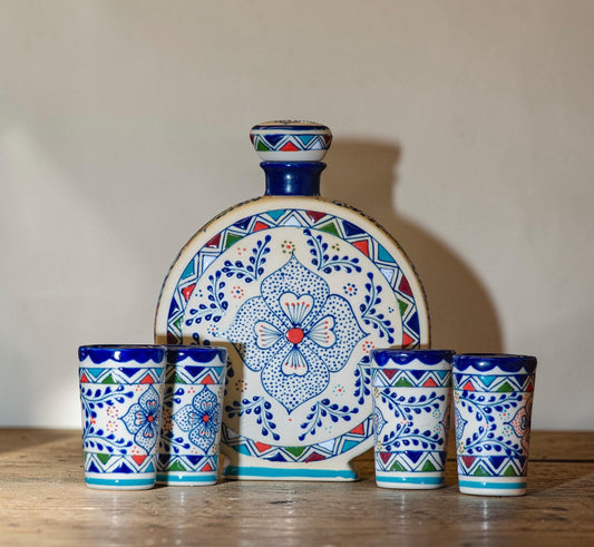 Stoneware Decanter Set with 4 tequila shots - Handmade  -