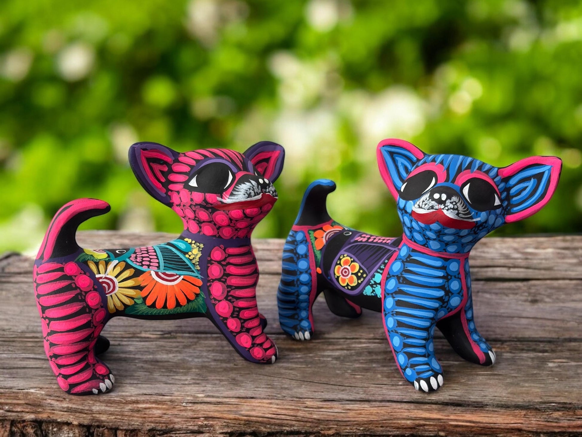 Dog alebrije hand-painted clay sculpture, Mexican folk art from Guanajuato
