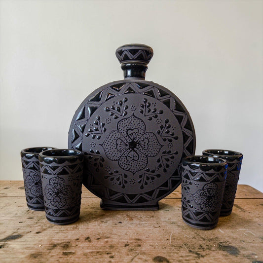 Black Decanter Set with 4 tequila shots - Handmade  Stoneware-