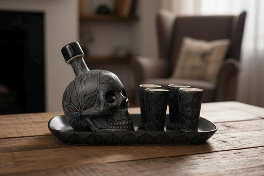 Stoneware Skull Decanter Set with 4 Shots & Base – Handmade – Mexican Pottery -