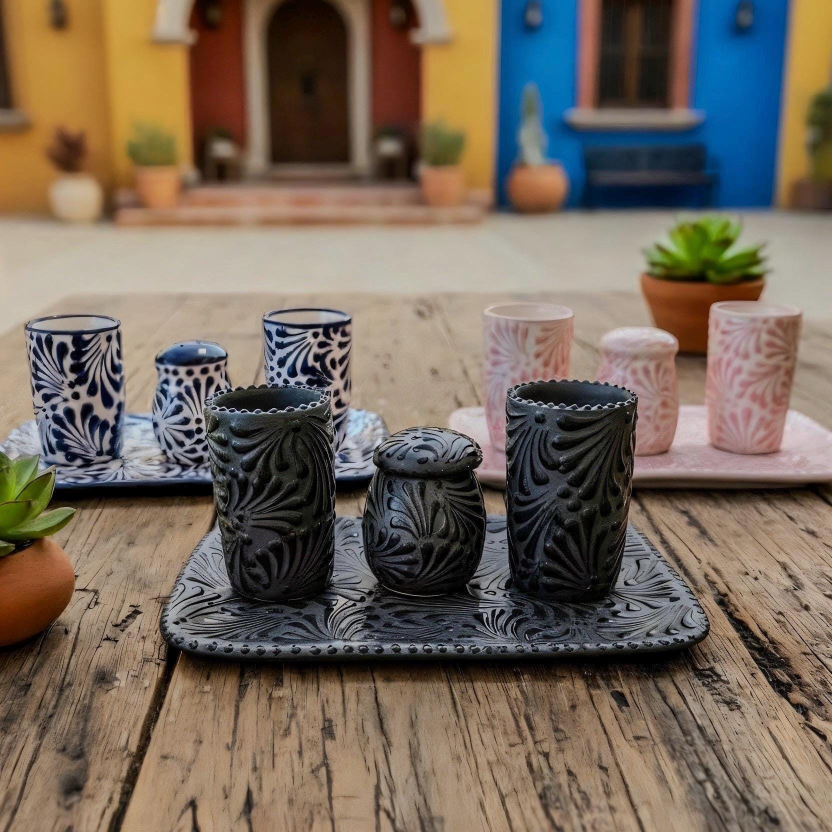 Talavera shot glass set with base and salt shaker, handmade Mexican tequila gift from Puebla