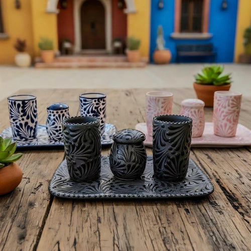 Talavera shot glass set with base and salt shaker, handmade Mexican tequila gift from Puebla