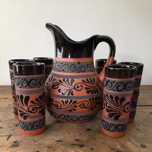 Talavera Pitcher Set With 6 Glasses - Black -