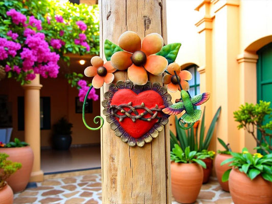 Hand-painted red heart with hummingbird metal wall art mounted on wood fence, made in Mexico