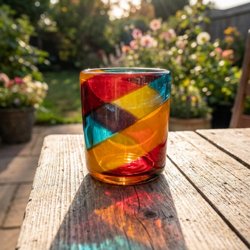 Short Blown Glass with red, blue and orange 