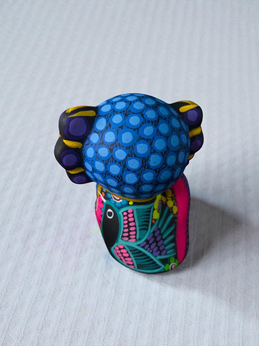 Blue axolotl alebrije detail, handpainted clay Mexican folk art