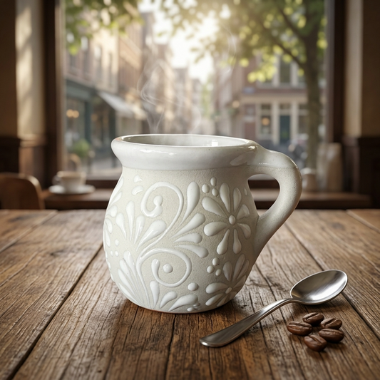 White Talavera Jarrito Mugs - Handmade Mexican Pottery | Lead-Free 14 oz