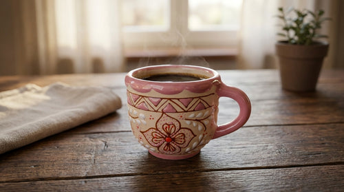 Handmade pink stoneware ceramic cup