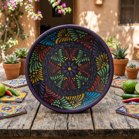 Handmade Talavera plate, multicolor with a floral design