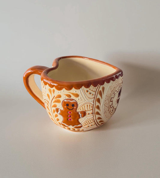 Gingerbread Man Stoneware Mug 12oz - Heart Shape - Hand painted Mug -
