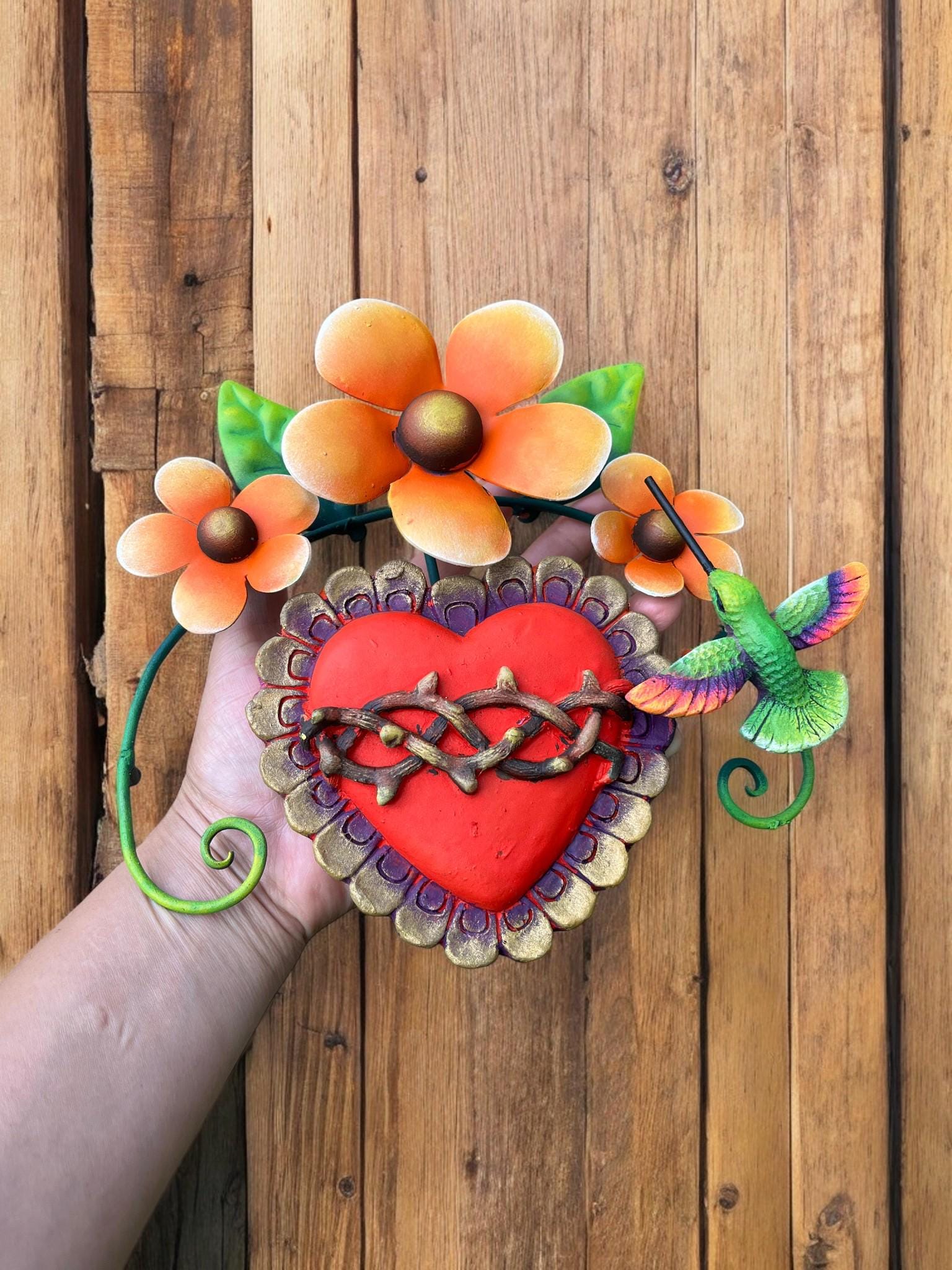 Colorful hummingbird and heart metal wall sculpture for garden, Mexican handmade decor