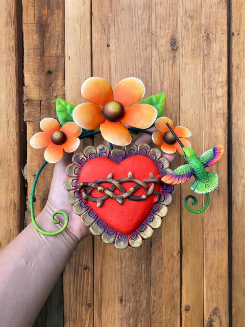 Colorful hummingbird and heart metal wall sculpture for garden, Mexican handmade decor