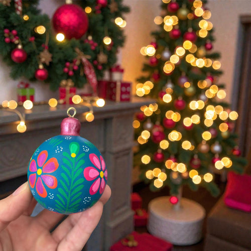 Multicolor floral hand-painted wooden Christmas ornament held in hand
