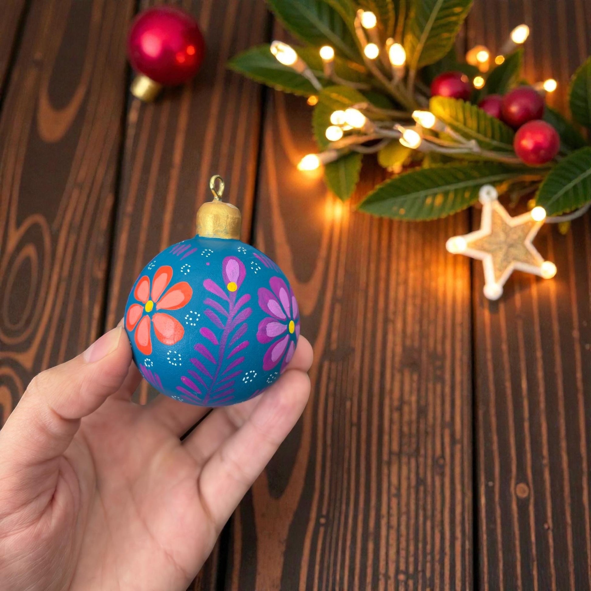 Set of multicolor hand-painted wooden Christmas ornaments, Oaxacan folk art