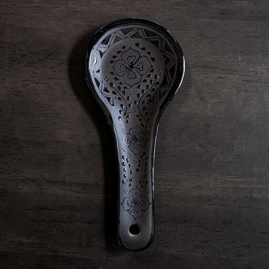 Black Ceramic Spoon Rest - Handmade Stoneware Utensil Holder -