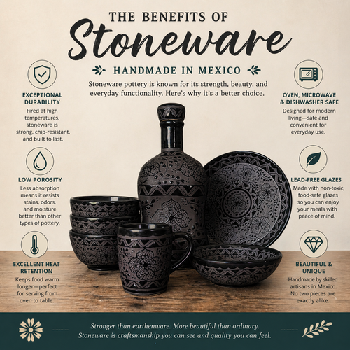 Benefits of handmade stoneware: durable, lead-free, microwave and dishwasher safe
