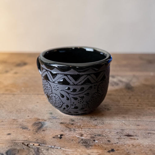 Black espresso cup glaze detail - Mexican pottery