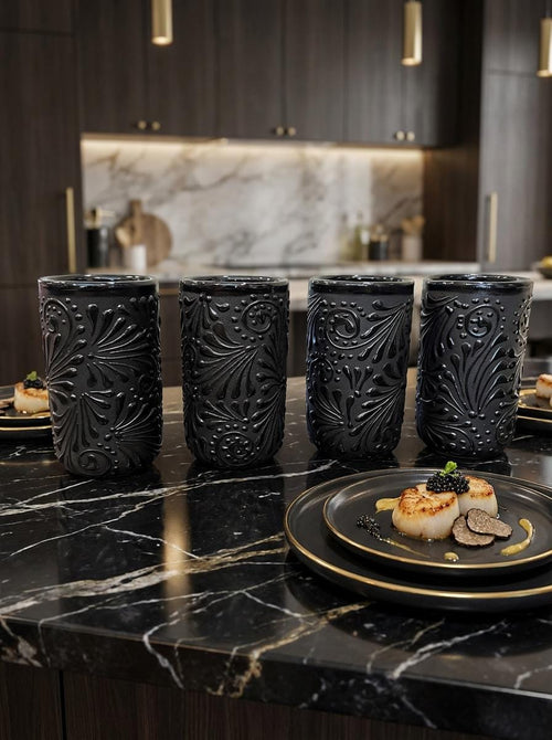 Black handmade Mexican pottery cup for water, juice, and cocktails