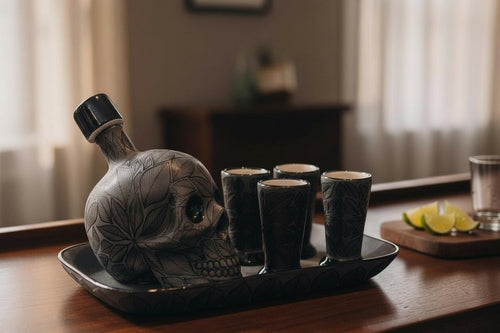 Handmade black skull decanter with four matching shot glasses, Mexican folk-art tequila set for Day of the Dead