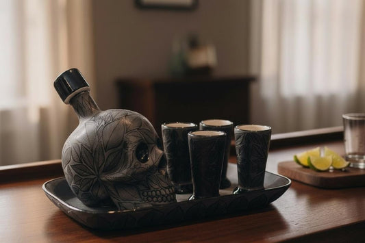 Handmade black skull decanter with four matching shot glasses, Mexican folk-art tequila set for Day of the Dead