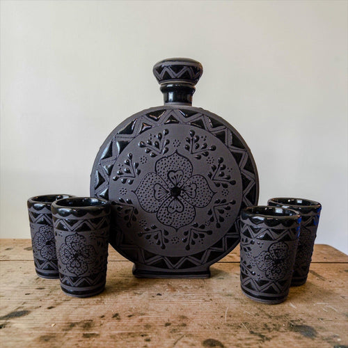 Black stoneware tequila decanter set with 4 shot glasses handmade Mexican pottery