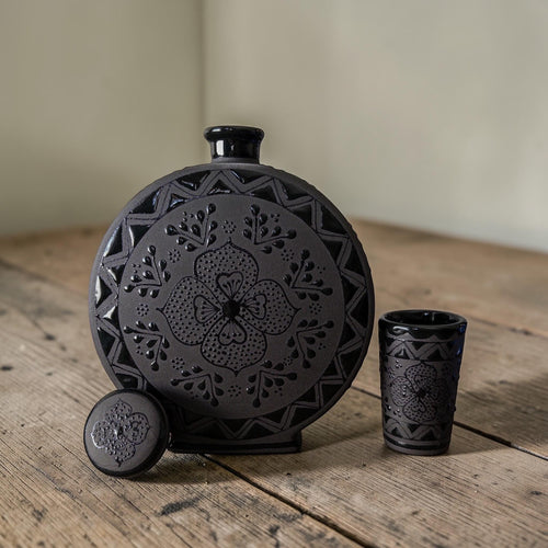 Black stoneware decanter 33 oz hand-painted detail