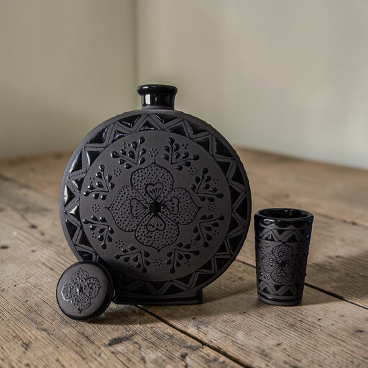 Black stoneware decanter 33 oz hand-painted detail