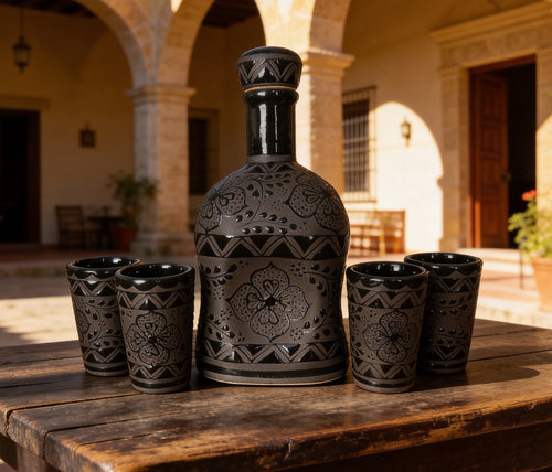 Black stoneware tequila decanter set 35 oz with 4 shot glasses handmade