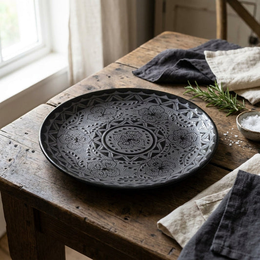 Black stoneware dinner plate with floral patterns handmade Mexican pottery
