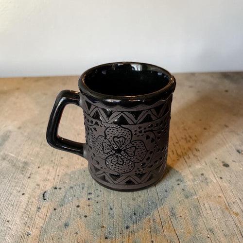 Black stoneware mug glaze detail - artisan ceramic
