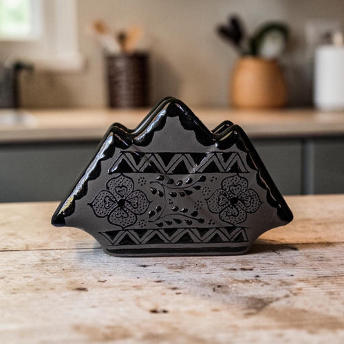Black stoneware napkin holder handmade Mexican pottery
