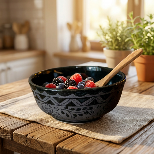 Black stoneware serving bowl with berries, handmade Mexican pottery
