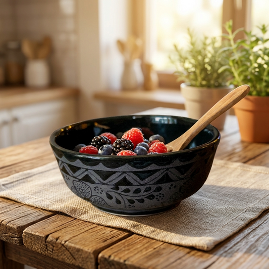 Black stoneware serving bowl with berries, handmade Mexican pottery