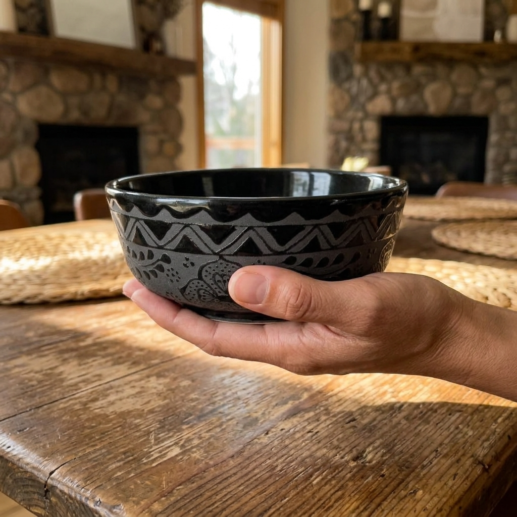 Black stoneware serving bowl held in hand, handmade Mexican pottery
