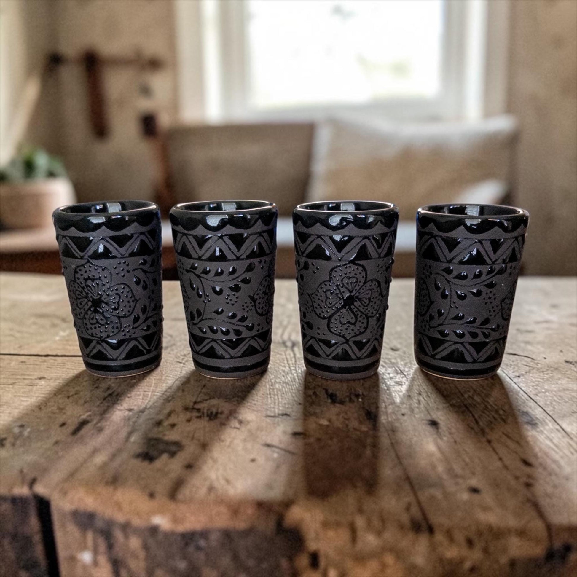 Black stoneware shot glasses 4 set handmade Mexican pottery