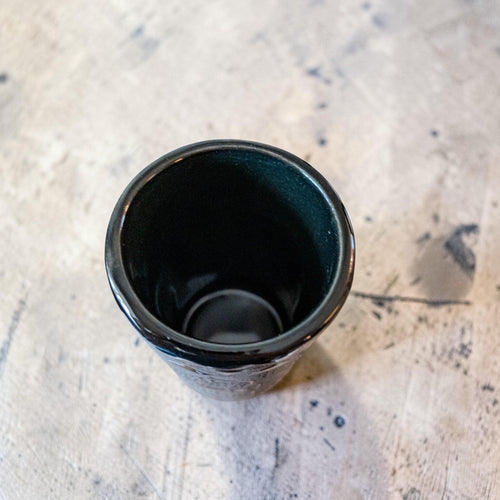 Black stoneware tumbler glass hand-painted detail