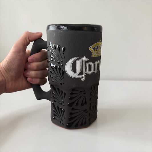 Black Talavera Tecate beer mug hand-painted in Mexico