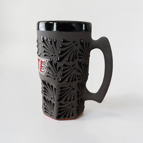 Black ceramic beer mug with handle - Mexican folk art