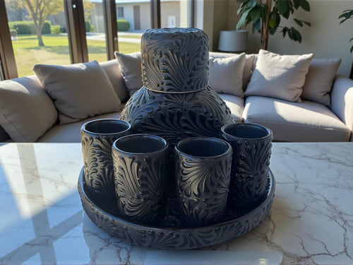 Black Talavera Decanter Set with 4 Shot Glasses and Base - Handmade Mexican Pottery