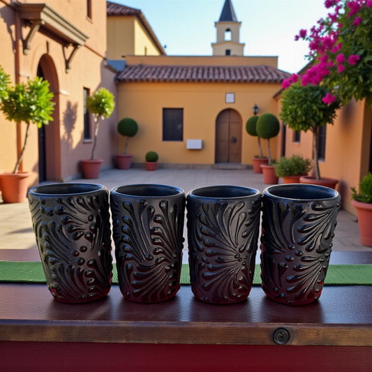Talavera decanter set with shot glasses on display base