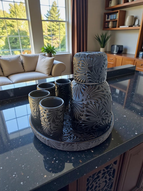 Talavera decanter black on black pattern detail