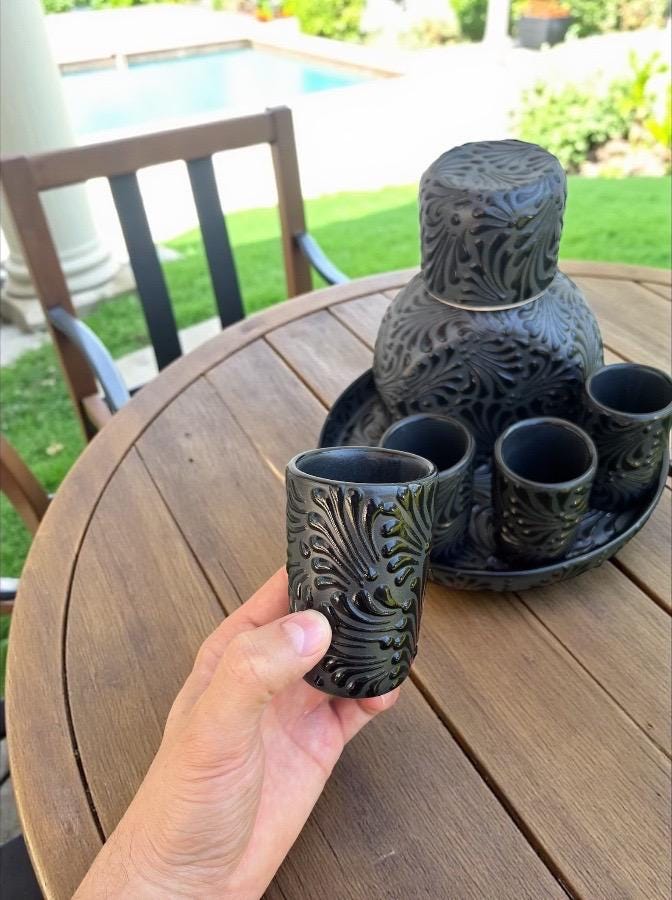 Black Talavera decanter set home bar display