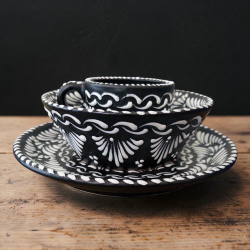 Black Talavera dinnerware set with hand-painted plate bowl and mug