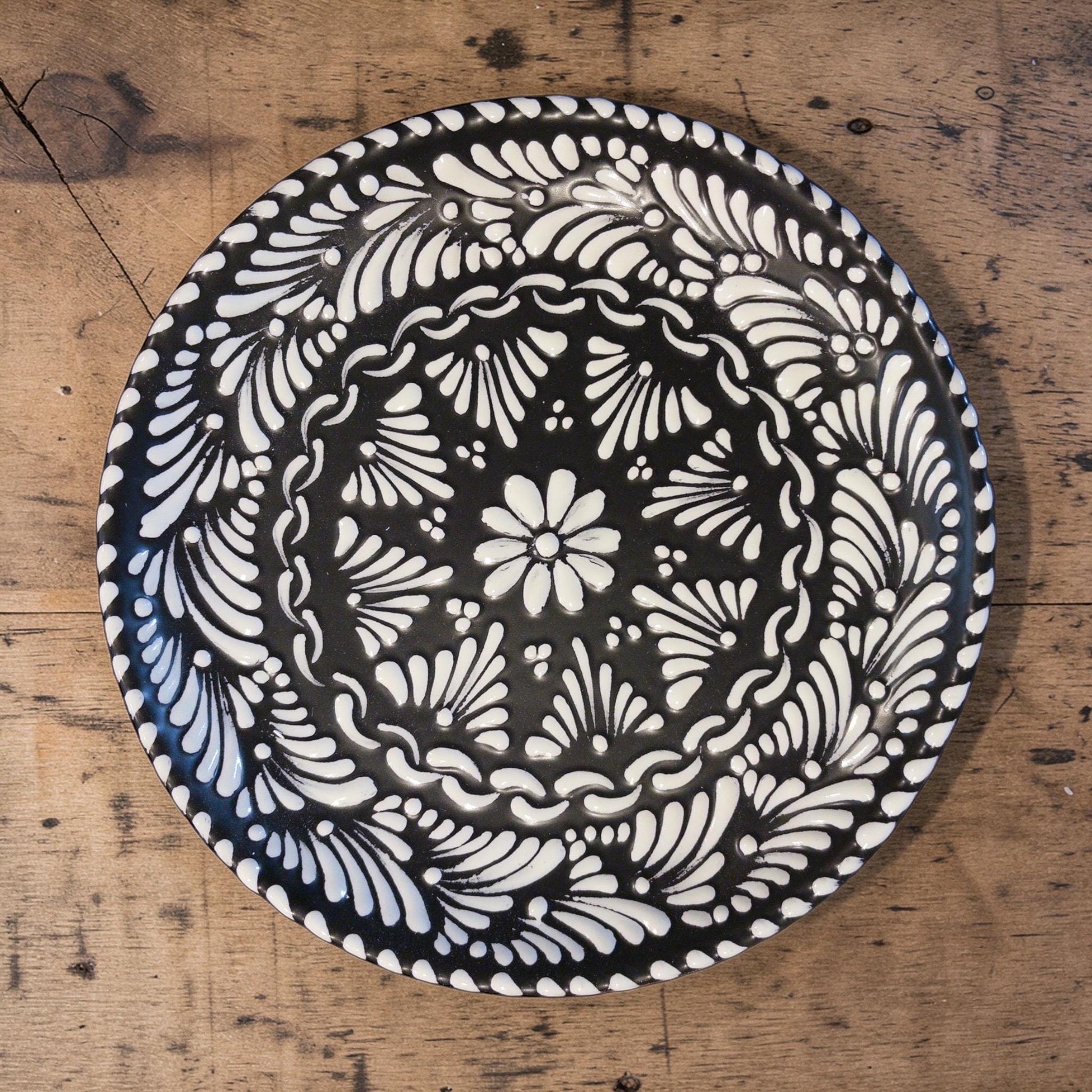 Black Mexican pottery dinnerware set hand-painted detail