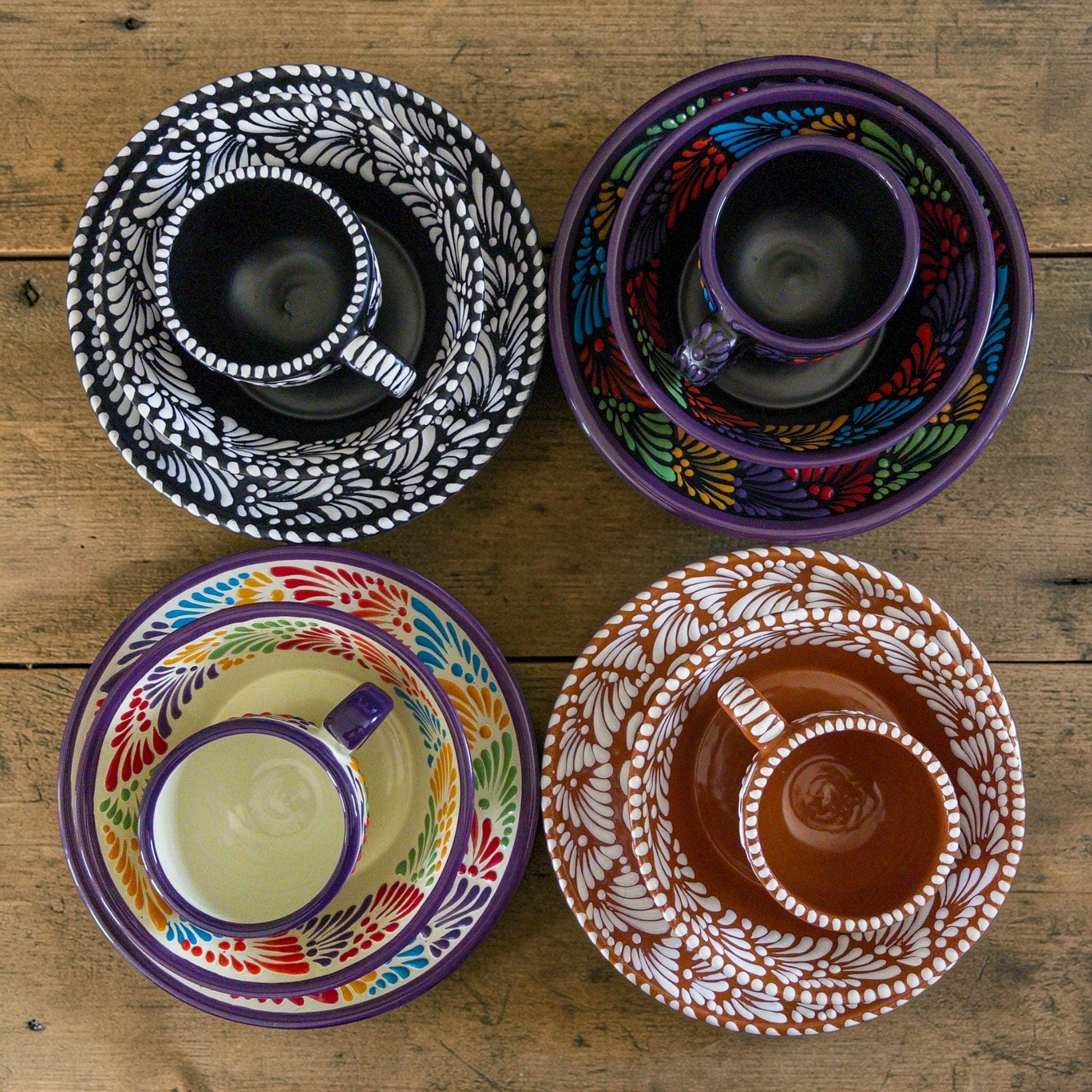 Black Talavera dinnerware set table setting - Mexican pottery